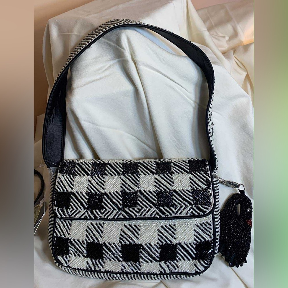 Chic Black and White Beaded Shoulder Bag w/ Beaded Black Swan Bag Charm